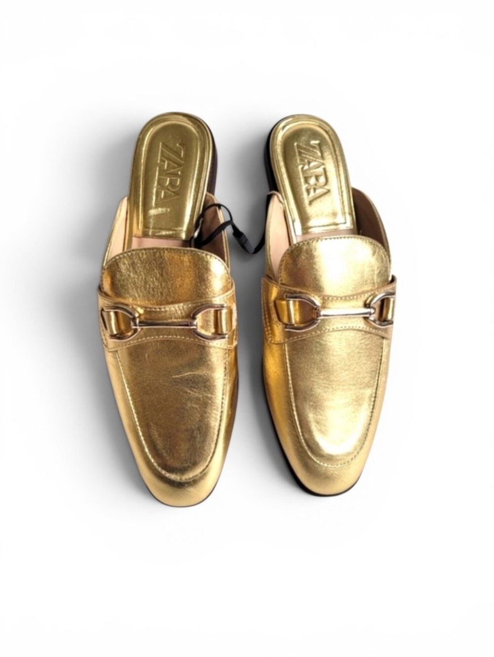 Zara Leather Mules Gold With Chain Equestrian Dressy Slip On Flats Size 6.5